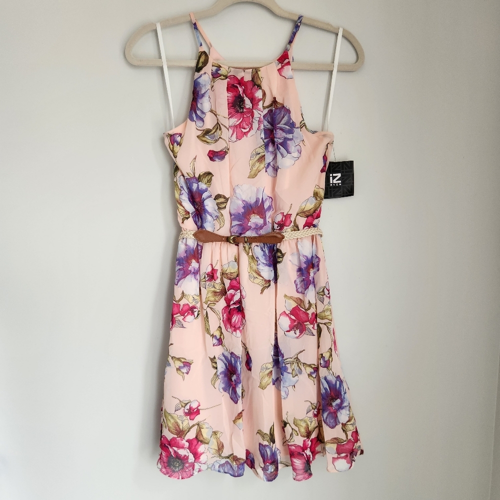 IZ Byer Pink Floral Belted Halter Flowy Dress Above Knee Neck Button Size S